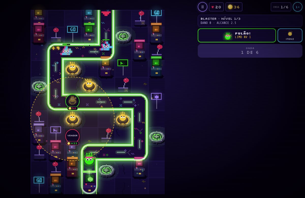 Fase do LimoDefense: o caminho de neon pelo fliperama, quatro torres Liminho construídas e os inimigos entrando