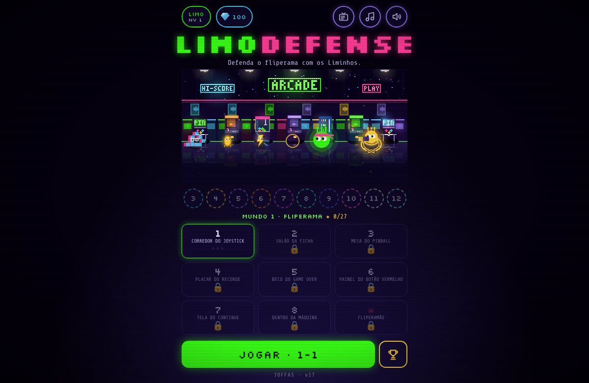 Tela inicial do LimoDefense: os doze mundos e as nove fases do mundo 1, o FLIPERAMA